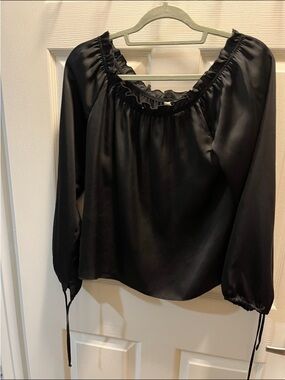 Perry Ellis Black Satin Ruffled Peasant Top